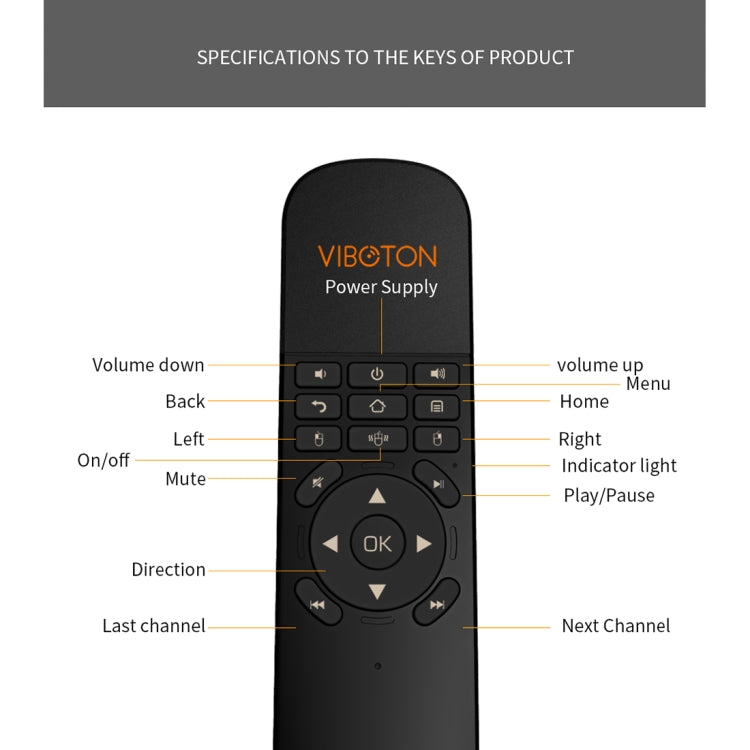 VIBOTON UKB-521 2.4GHz Wireless Multimedia Control Air Mouse Keyboard Remote for PC, Tablet, TV Box(Black)