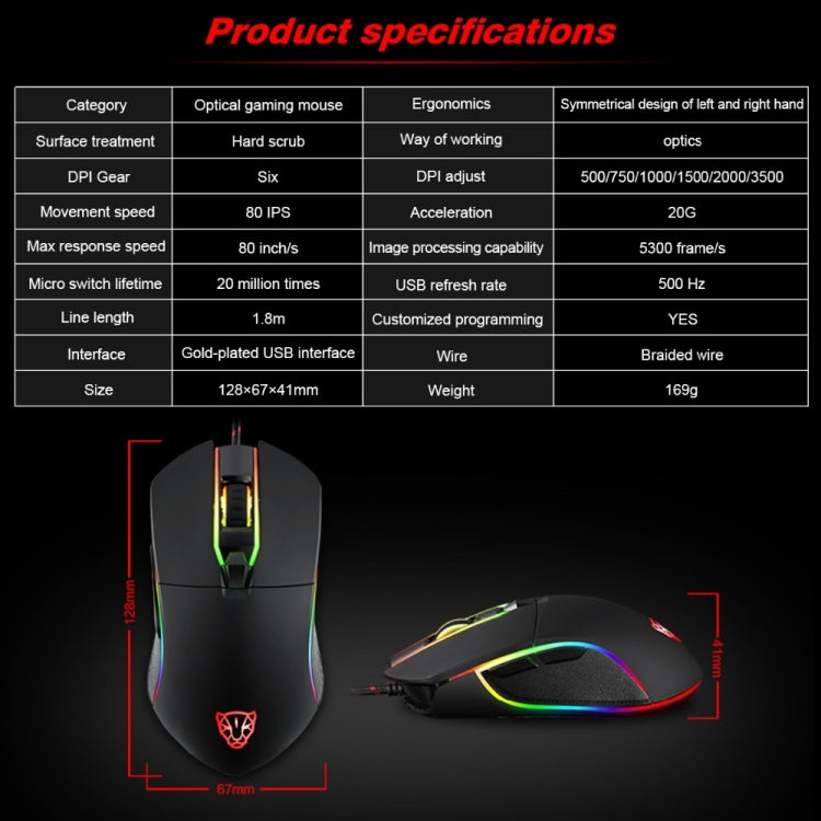MOTOSPEED V30 Professional Gaming Mouse USB Wired Optical Mouse Adjustable 3500DPI Resolution RGB LED Backlight (Black)