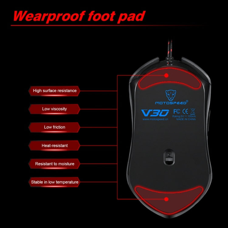 MOTOSPEED V30 Professional Gaming Mouse USB Wired Optical Mouse Adjustable 3500DPI Resolution RGB LED Backlight (Black)