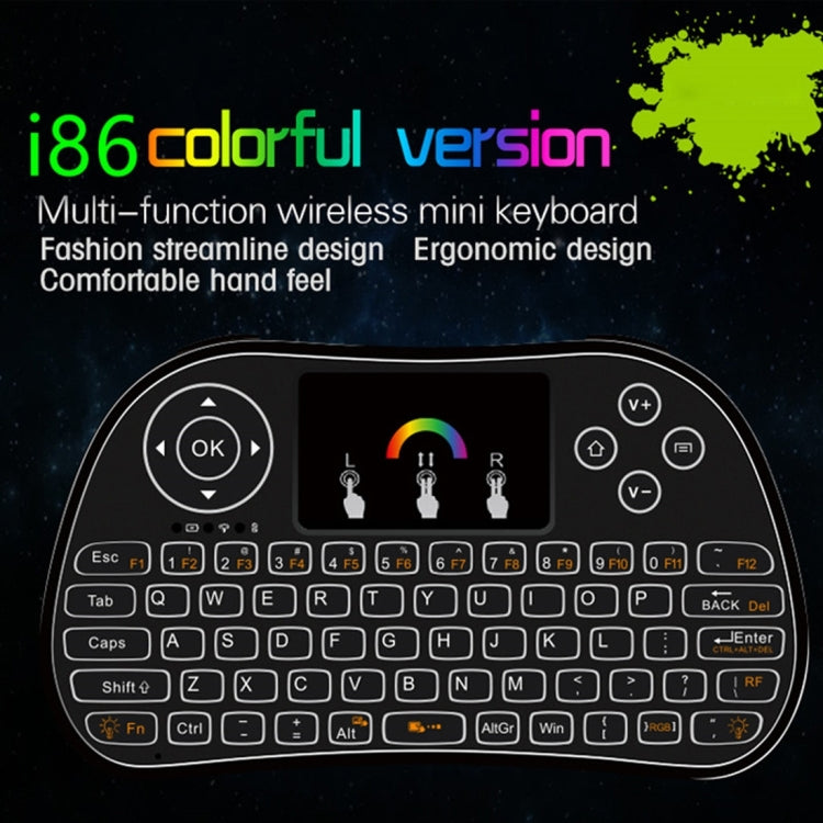 I86 2.4GHz Mini Wireless Keyboard with Mouse Touchpad for HD device / USB interface / Android OS / HDMI player / TV / STB / DVD / VCD / CD device etc., 7 Colors Backlit(Black)