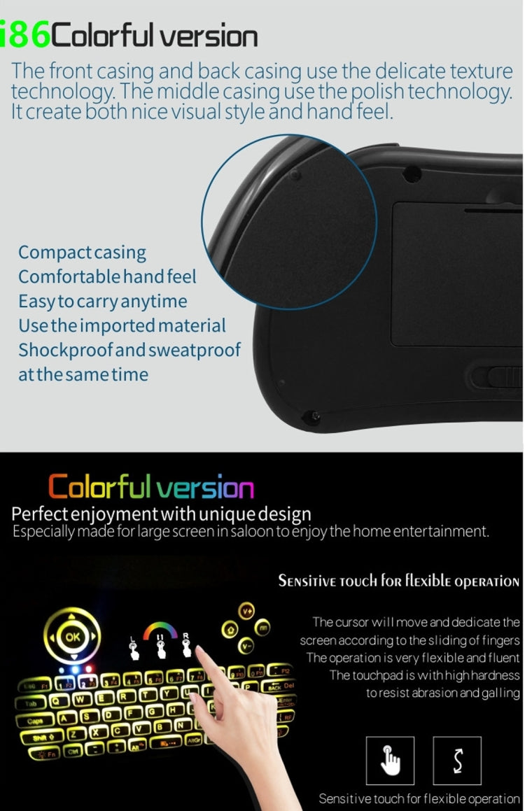 I86 2.4GHz Mini Wireless Keyboard with Mouse Touchpad for HD device / USB interface / Android OS / HDMI player / TV / STB / DVD / VCD / CD device etc., 7 Colors Backlit(Black)