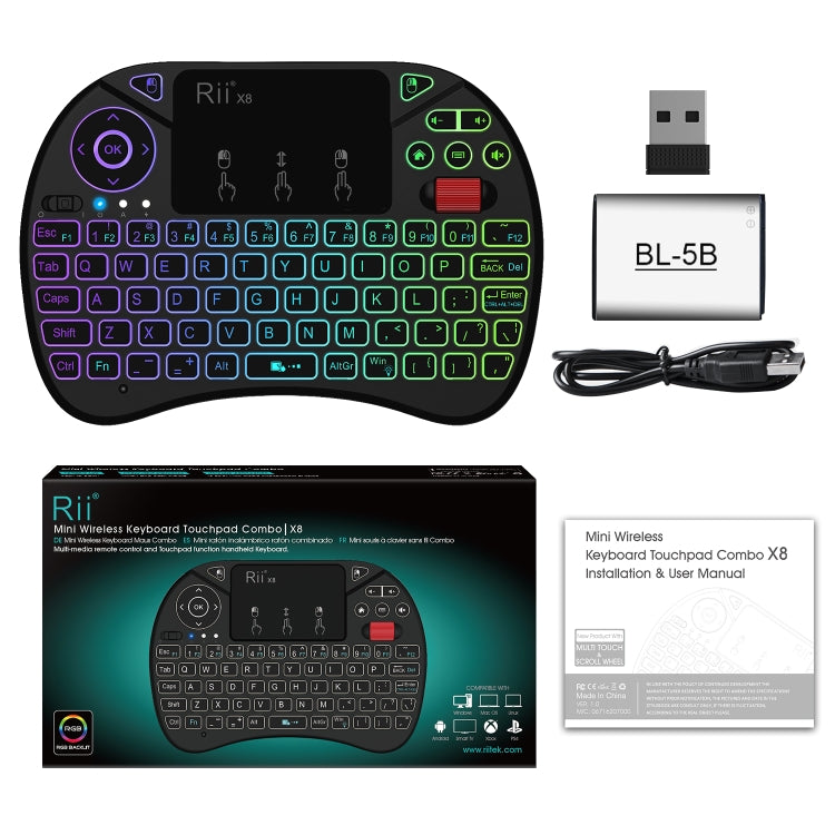 Rii X8 RT716 2.4GHz Mini Wireless QWERTY 71 Keys Keyboard, 2.5 inch Touchpad Combo with Backlight(Black)
