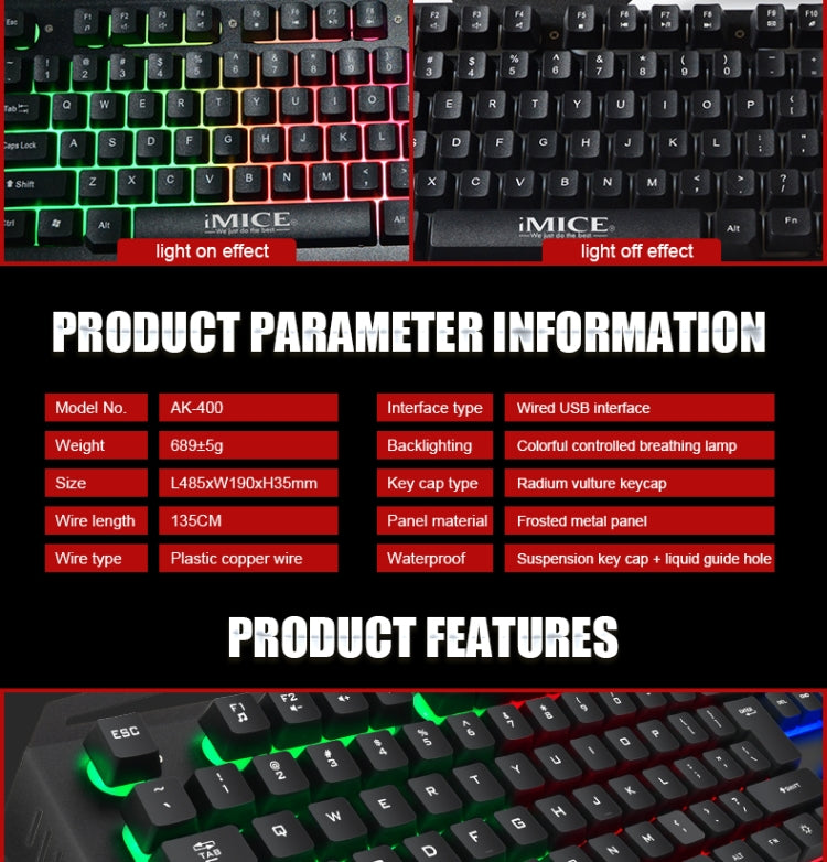 iMICE AK-400 USB Interface 104 Keys Wired Colorful Backlight Gaming Keyboard for Computer PC Laptop