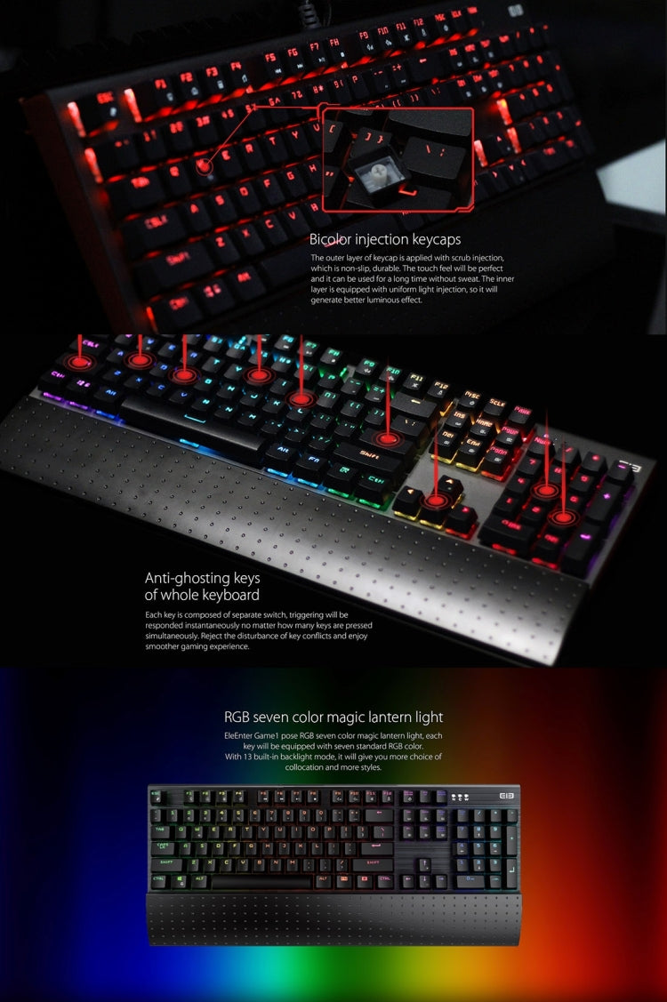 EleEnter Game 1 Multimedia USB 104 Keys Wired RGB Backlight Metal Gaming Mechanical Keyboard for Computer PC Laptop(Black)