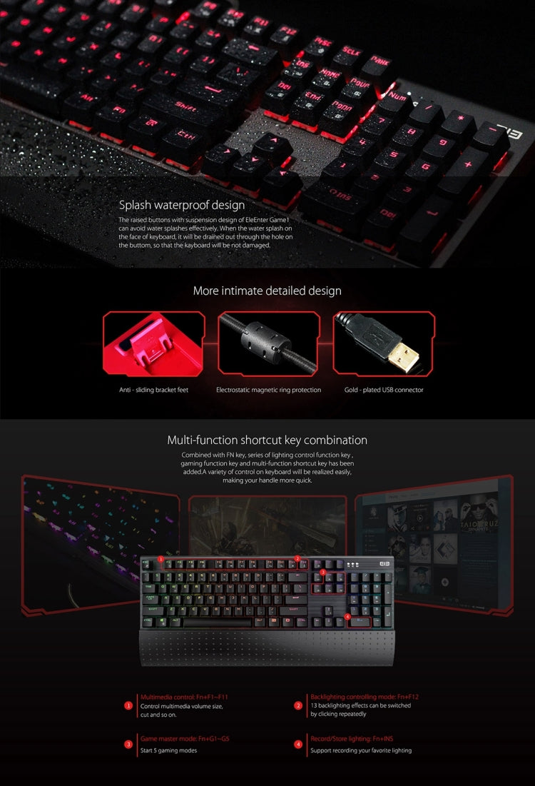 EleEnter Game 1 Multimedia USB 104 Keys Wired RGB Backlight Metal Gaming Mechanical Keyboard for Computer PC Laptop(Black)