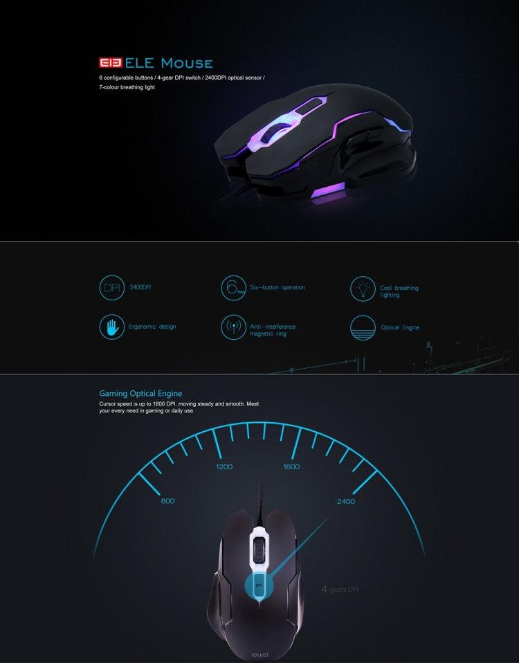Ele Mouse Colorful Light USB 6 Buttons 2400 DPI Wired Optical Gaming Mouse for Computer PC Laptop(Black)
