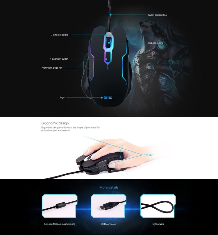 Ele Mouse Colorful Light USB 6 Buttons 2400 DPI Wired Optical Gaming Mouse for Computer PC Laptop(Black)