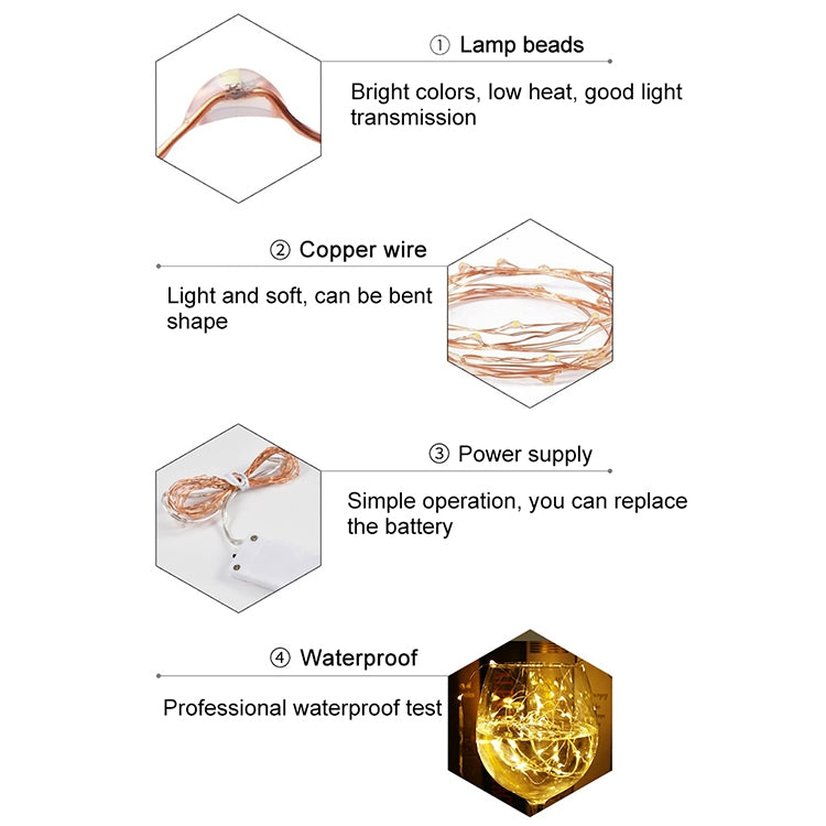 2m Silver Color Copper Wire String Light Festival Lamp / Decoration Light Strip, 20 LEDs SMD 0603 IP65 Waterproof CR2032 Button Batteries