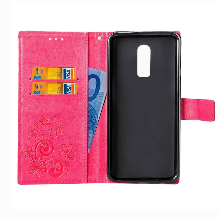 Lucky Clover Pressed Flowers Pattern Leather Case for OnePlus 6T, with Holder & Card Slots & Wallet & Hand Strap