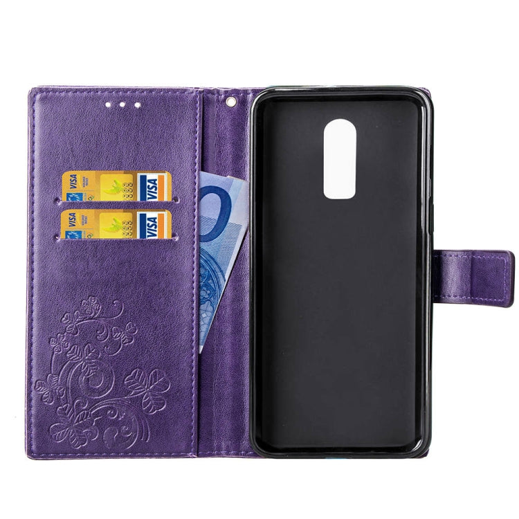 Lucky Clover Pressed Flowers Pattern Leather Case for OnePlus 6T, with Holder & Card Slots & Wallet & Hand Strap