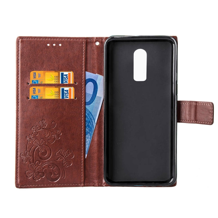 Lucky Clover Pressed Flowers Pattern Leather Case for OnePlus 6T, with Holder & Card Slots & Wallet & Hand Strap
