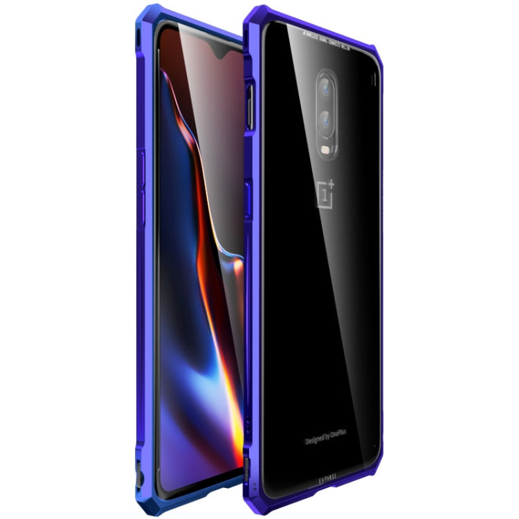 Snap-on Aluminum Frame and Tempered Glass Back Plate Case for One Plus 6T(Purple Blue)