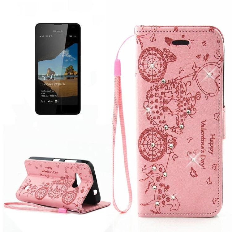 For Microsoft Lumia 550 Pressed Flower Butterfly Carriage Pattern Diamond Encrusted Horizontal Flip Leather Case with Holder & Card Slots & Wallet & Photo Frame & Lanyard