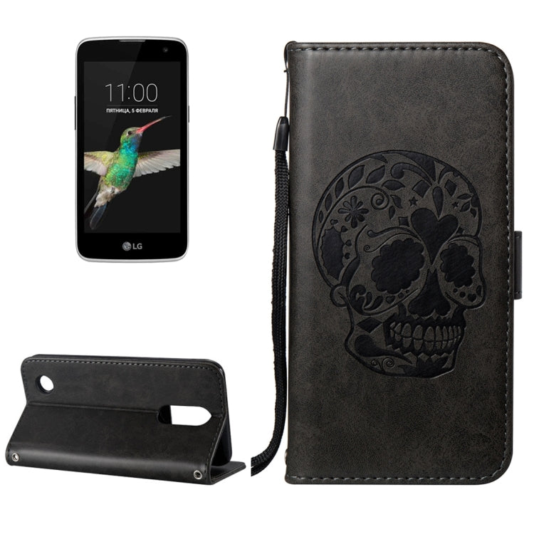 For LG K4 (2017) (US Version) Skull Pressed Flowers Pattern Horizontal Flip Leather Case with Holder & Card Slots & Wallet & Lanyard
