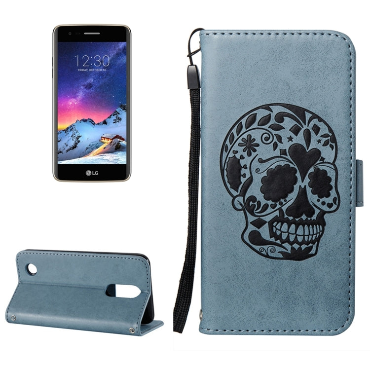 For LG K8 (2017) (US Version) Skull Pressed Flowers Pattern Horizontal Flip Leather Case with Holder & Card Slots & Wallet & Lanyard