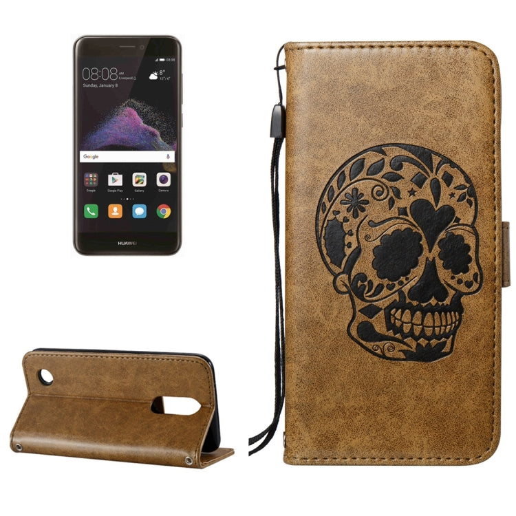 For Huawei P8 Lite (2017) Skull Pressed Flowers Pattern Horizontal Flip Leather Case with Holder & Card Slots & Wallet & Lanyard