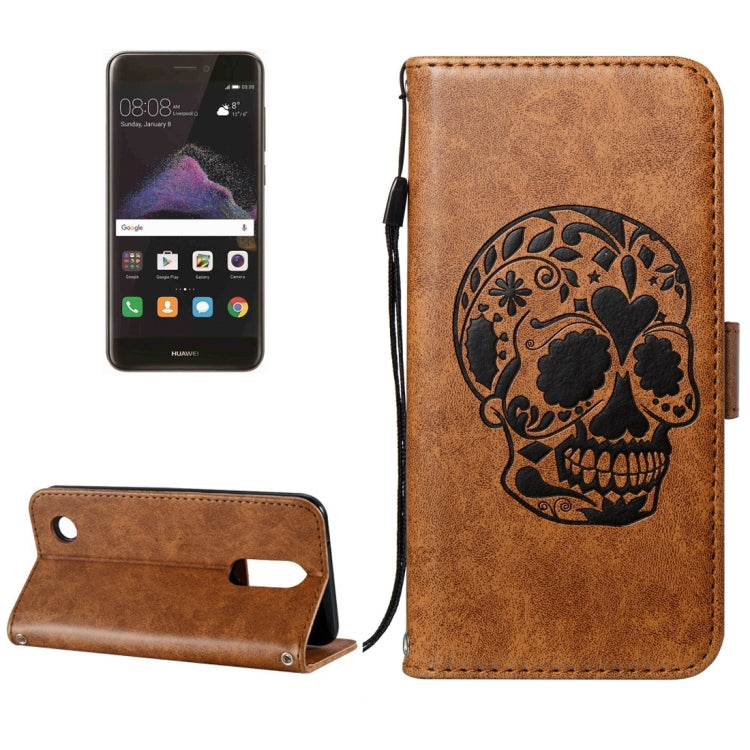 For Huawei P8 Lite (2017) Skull Pressed Flowers Pattern Horizontal Flip Leather Case with Holder & Card Slots & Wallet & Lanyard