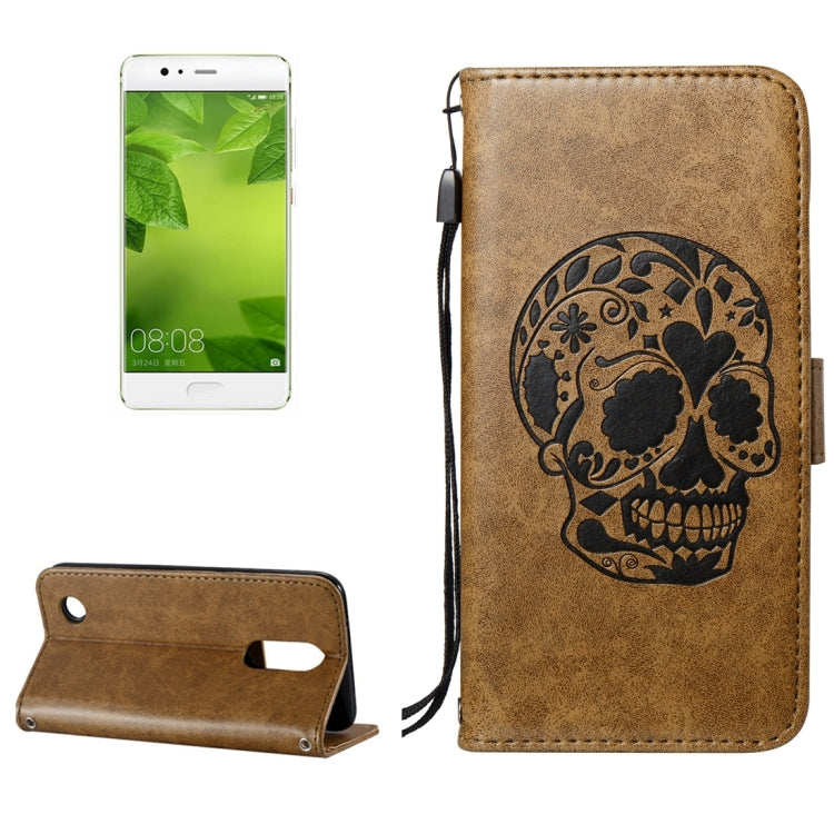 For Huawei P10 Skull Pressed Flowers Pattern Horizontal Flip Leather Case with Holder & Card Slots & Wallet & Lanyard