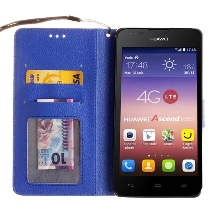 For Huawei Ascend Y550 Litchi Texture Horizontal Flip Leather Case with Magnetic Buckle & Holder & Card Slots & Wallet & Photo Frame & Lanyard
