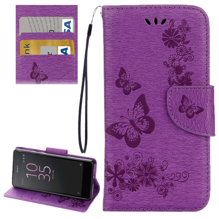 For Sony Xperia E5 Butterflies Embossing Horizontal Flip Leather Case with Holder & Card Slots & Wallet & Lanyard