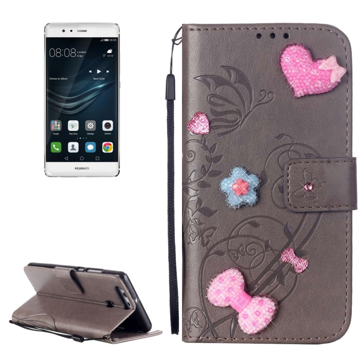 For Huawei P9 Heart Diamond Encrusted Flowers Embossing Horizontal Flip Leather Case with Holder & Card Slots & Wallet & Lanyard