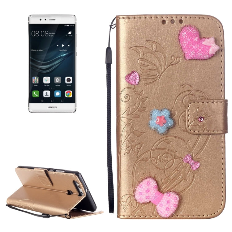 For Huawei P9 Heart Diamond Encrusted Flowers Embossing Horizontal Flip Leather Case with Holder & Card Slots & Wallet & Lanyard