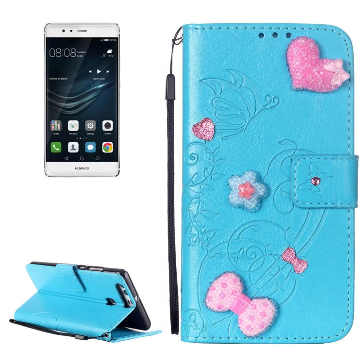 For Huawei P9 Heart Diamond Encrusted Flowers Embossing Horizontal Flip Leather Case with Holder & Card Slots & Wallet & Lanyard