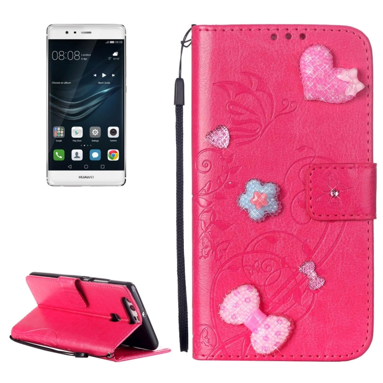 For Huawei P9 Heart Diamond Encrusted Flowers Embossing Horizontal Flip Leather Case with Holder & Card Slots & Wallet & Lanyard