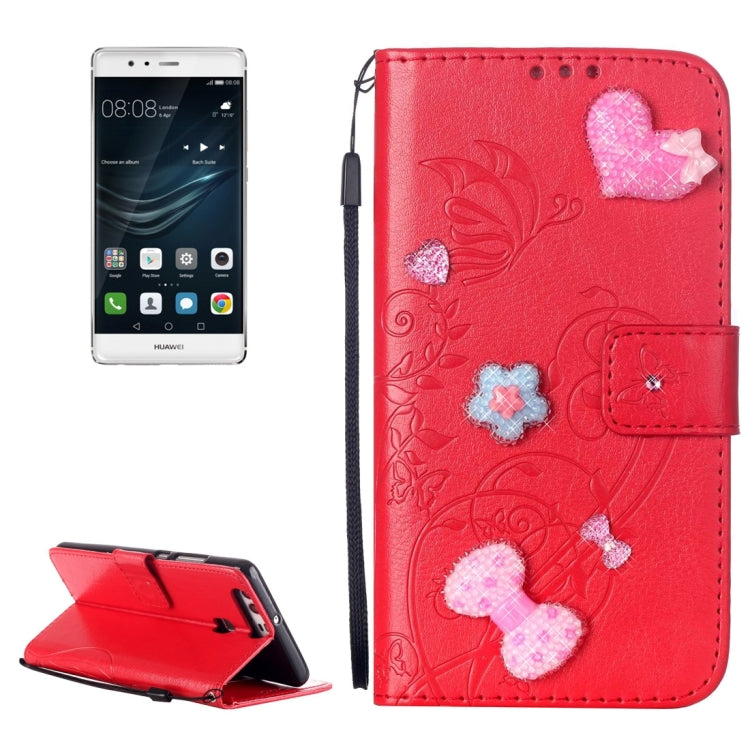 For Huawei P9 Heart Diamond Encrusted Flowers Embossing Horizontal Flip Leather Case with Holder & Card Slots & Wallet & Lanyard