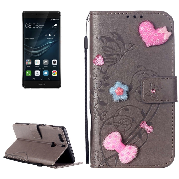 For Huawei P9 Plus Heart Diamond Encrusted Flowers Embossing Horizontal Flip Leather Case with Holder & Card Slots & Wallet & Lanyard