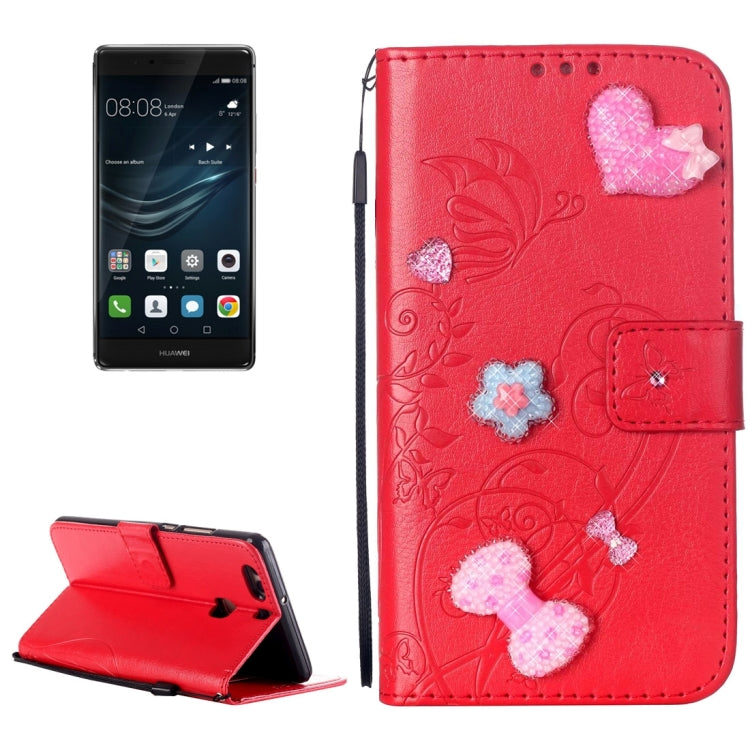 For Huawei P9 Plus Heart Diamond Encrusted Flowers Embossing Horizontal Flip Leather Case with Holder & Card Slots & Wallet & Lanyard