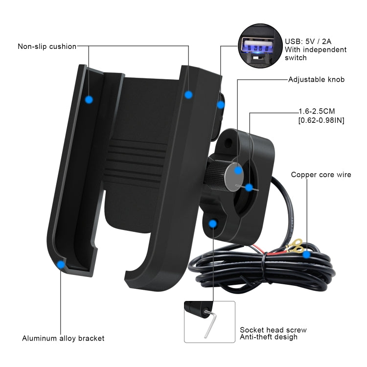 CS-1068C1 Motorcycle Aluminum Alloy Mobile Phone Holder Bracket with Charging Function, Handlebar Version (Black)