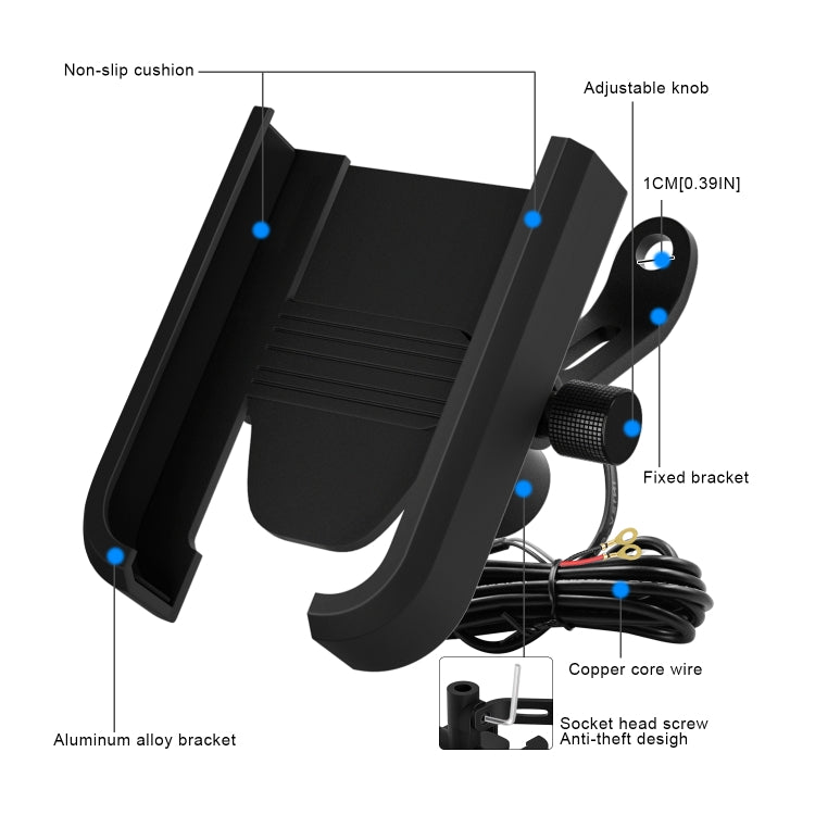 CS-1068D1 Motorcycle Aluminum Alloy Mobile Phone Holder Bracket with Charging Function, Mirror Holder Version (Black)
