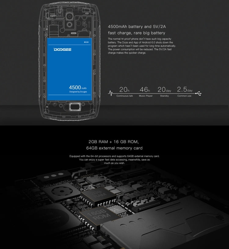 DOOGEE T5S 16GB, Network: 4G, IP67 Waterproof Dustproof Press-resistant, 5.0 inch Android 6.0 MTK6735V Quad Core, RAM: 2GB, 4500mAh Battery, OTG, GPS(Black)