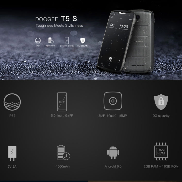 DOOGEE T5S 16GB, Network: 4G, IP67 Waterproof Dustproof Press-resistant, 5.0 inch Android 6.0 MTK6735V Quad Core, RAM: 2GB, 4500mAh Battery, OTG, GPS(Black)