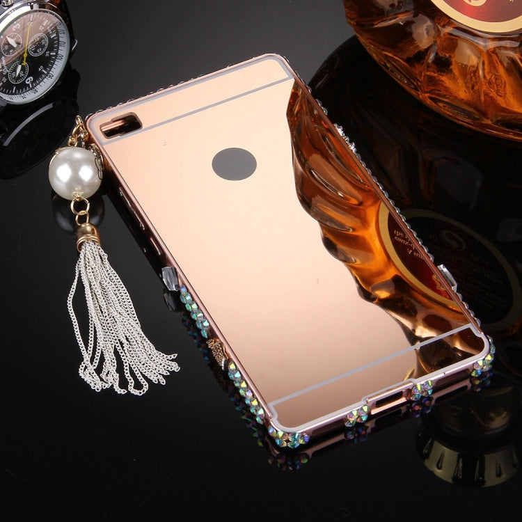 For Huawei P8 Pearl Chain Pendant Diamond Encrusted Electroplating Mirror PC Protective Cover Case(Rose Gold)