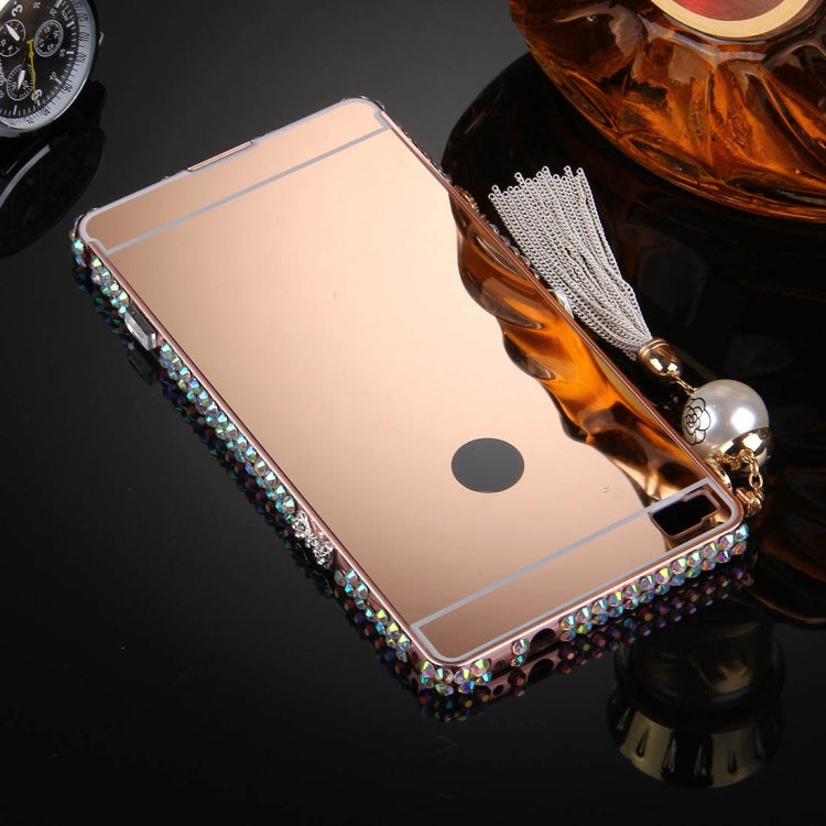 For Huawei P8 Pearl Chain Pendant Diamond Encrusted Electroplating Mirror PC Protective Cover Case(Rose Gold)