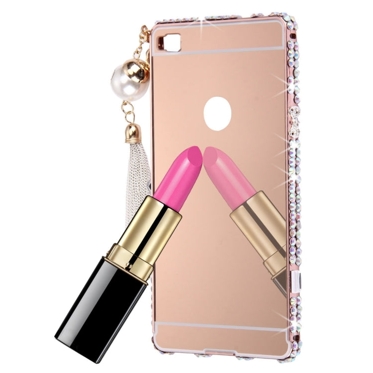 For Huawei P8 Pearl Chain Pendant Diamond Encrusted Electroplating Mirror PC Protective Cover Case(Rose Gold)