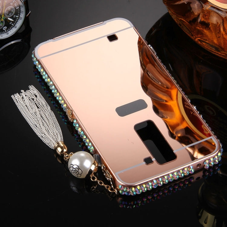 For LG K7 Pearl Chain Pendant Diamond Encrusted Electroplating Mirror PC Protective Cover Case(Rose Gold)
