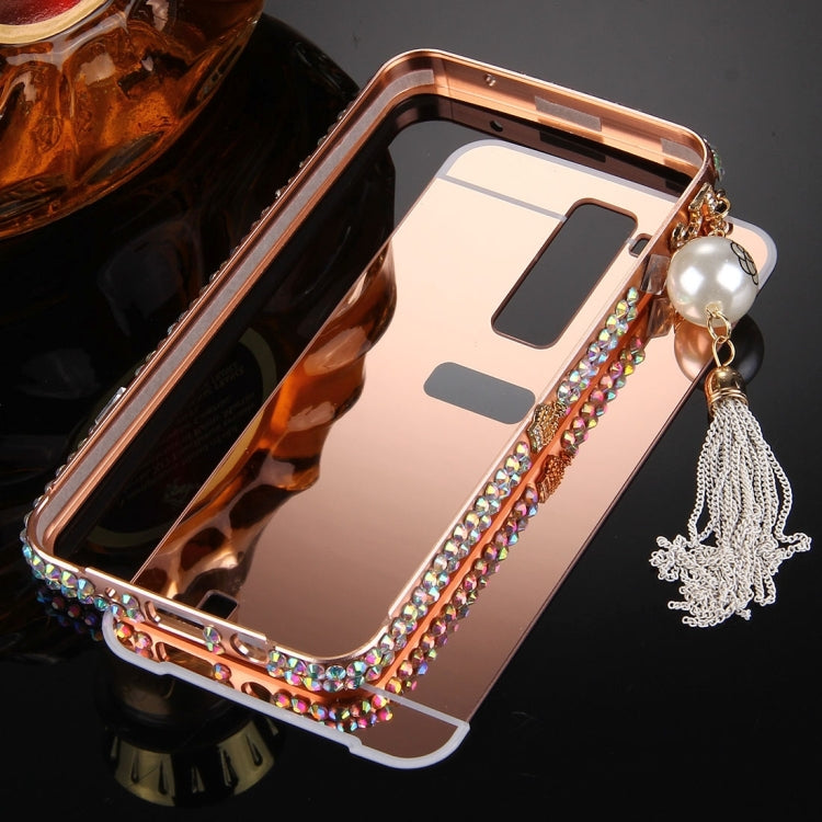 For LG K7 Pearl Chain Pendant Diamond Encrusted Electroplating Mirror PC Protective Cover Case(Rose Gold)