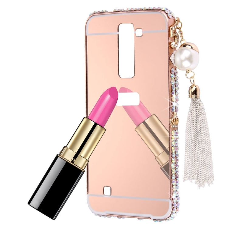 For LG K7 Pearl Chain Pendant Diamond Encrusted Electroplating Mirror PC Protective Cover Case(Rose Gold)