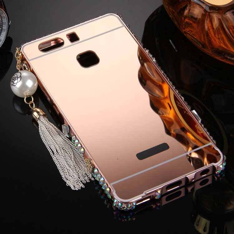 For Huawei P9 Pearl Chain Pendant Diamond Encrusted Electroplating Mirror PC Protective Cover Case(Rose Gold)
