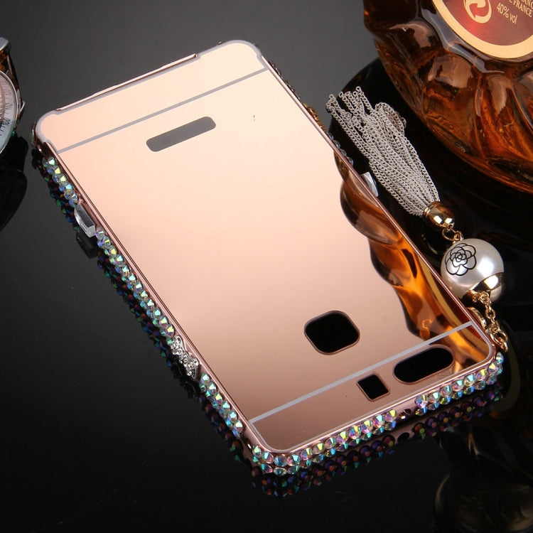 For Huawei P9 Pearl Chain Pendant Diamond Encrusted Electroplating Mirror PC Protective Cover Case(Rose Gold)