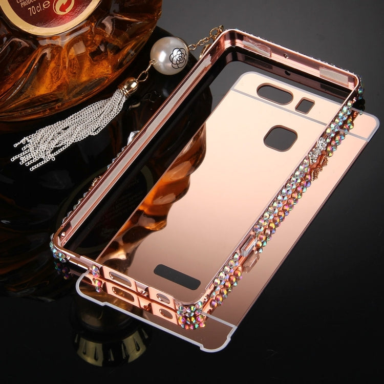 For Huawei P9 Pearl Chain Pendant Diamond Encrusted Electroplating Mirror PC Protective Cover Case(Rose Gold)