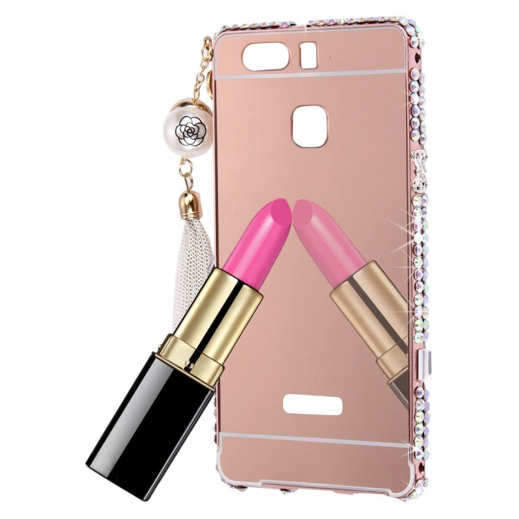 For Huawei P9 Pearl Chain Pendant Diamond Encrusted Electroplating Mirror PC Protective Cover Case(Rose Gold)
