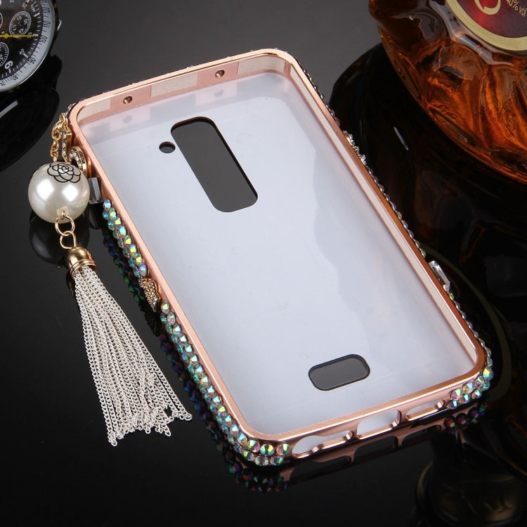 For LG G2 Pearl Chain Pendant Diamond Encrusted Electroplating Mirror PC Protective Cover Case(Rose Gold)