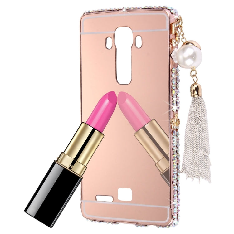 For LG G4 Pearl Chain Pendant Diamond Encrusted Electroplating Mirror PC Protective Cover Case