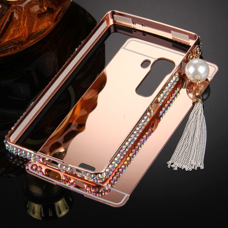 For LG G4 Pearl Chain Pendant Diamond Encrusted Electroplating Mirror PC Protective Cover Case