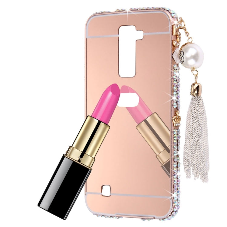 For LG K10 Pearl Chain Pendant Diamond Encrusted Electroplating Mirror PC Protective Cover Case(Rose Gold)