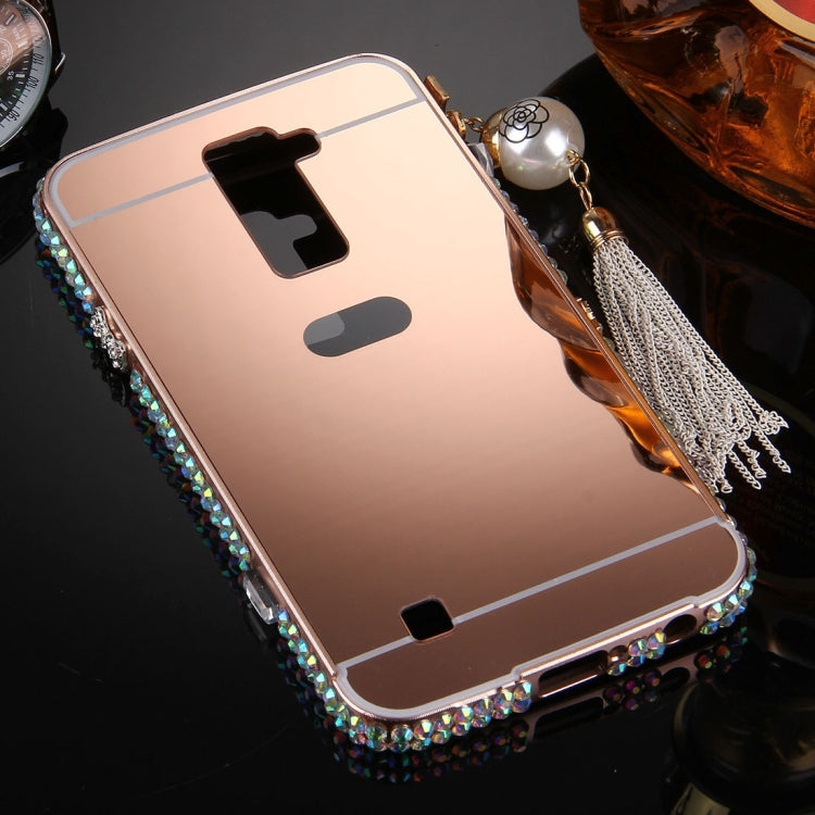 For LG K10 Pearl Chain Pendant Diamond Encrusted Electroplating Mirror PC Protective Cover Case(Rose Gold)